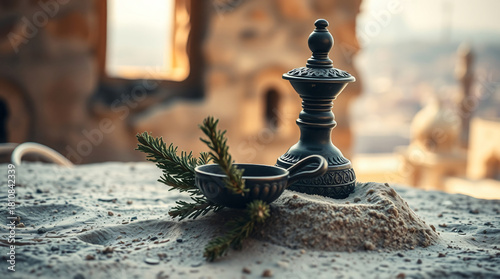 Detailed Close-up of a Decorative Black Metal Incense Burner and Conical Ornament Resting on a Mound of Sand with a Green Pine Sprig, Against a Blurred Middle Eastern Historical City Background