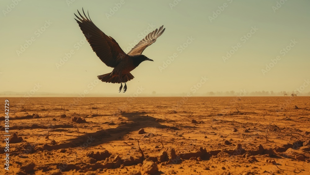 Naklejka premium A bird in flight over a barren, sandy landscape under a clear blue sky, casting a long shadow