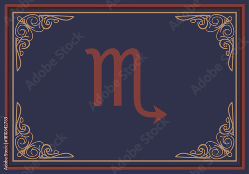 A rust-colored Scorpio glyph with a barbed tail centers a deep navy field, framed by ornate gold filigree corners and double lines to create a classic, sophisticated, and mystical astrological look