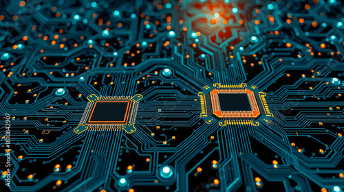 Futuristic Digital Circuit Board Close-up with Two Illuminated Microprocessors and Glowing Teal and Orange Data Pathways, Representing Advanced Technology, Artificial Intelligence, and Computer