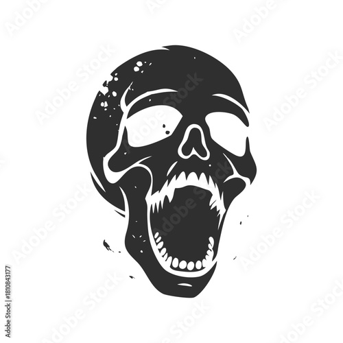 Grungy Black and White Open Mouth Skull Symbol Illustration Graphic