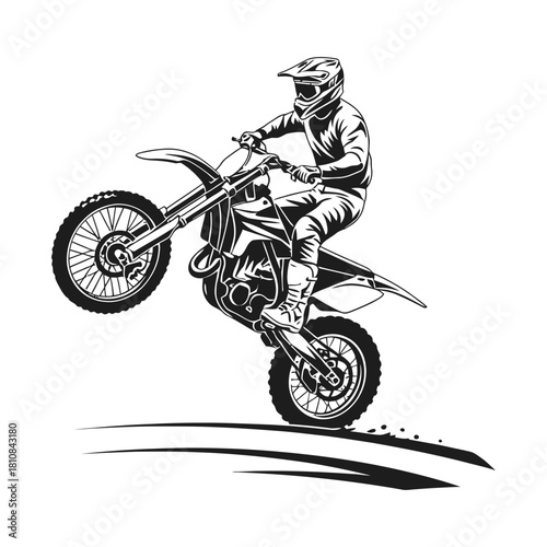 Monochrome Graphic Motorbike Sport Silhouette with Rider Performing Wheelie Stunt