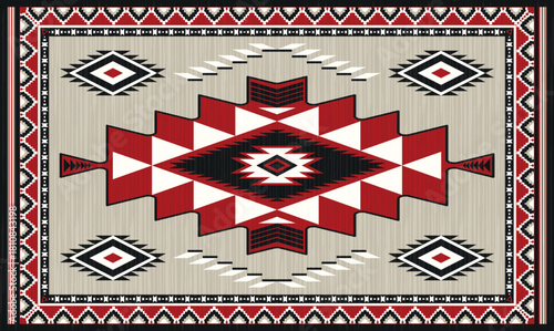 Ganado navajo rug traditional native american tribal pattern.Diamond central border fret geometric red,black,white,grey colors.Ethnic classic carpet Gando Arizona,Aztec,Southwest vector illustration.
