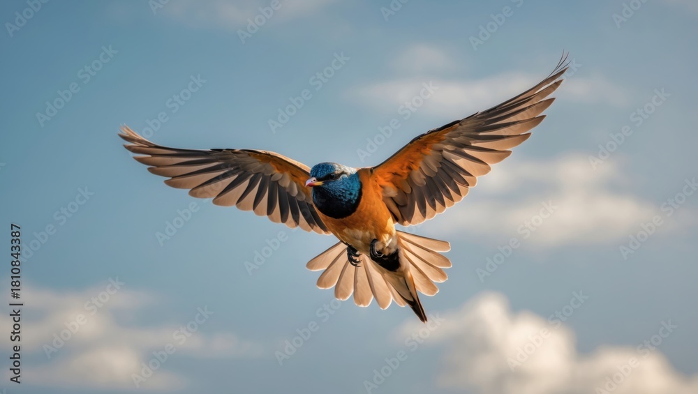 Fototapeta premium Vibrant bird soaring gracefully against a backdrop of fluffy clouds and clear blue sky