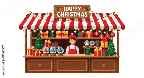 Illustration of vendor selling Christmas gifts at wooden market stall