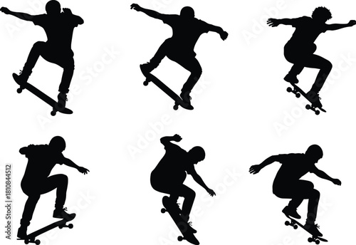 Dynamic skateboarder silhouette set featuring active men performing jumps and tricks for extreme street sports vector illustration.