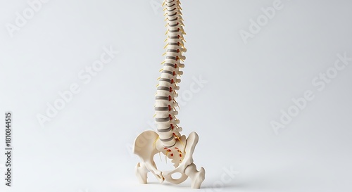 Human spine and pelvis model on white background, anatomical study.