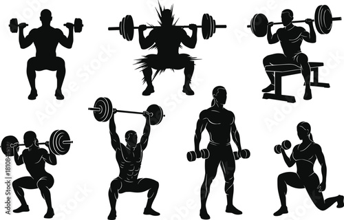 Gym workout silhouette set featuring men and women lifting weights with barbells and dumbbells for fitness training.