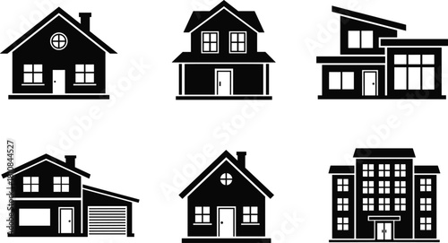 Real estate house and apartment building silhouette icon set for residential architecture design vector illustration.