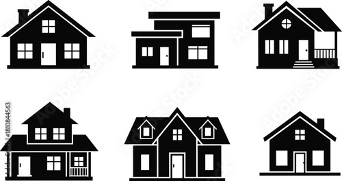 Real estate property silhouette set with modern residential houses and cottage buildings for architectural design vector.