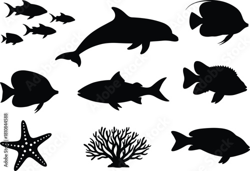 Sea life silhouette set featuring dolphin fish starfish and coral reef vector illustration for marine design.