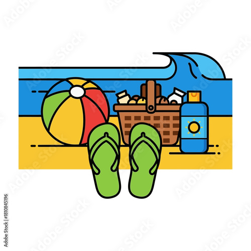 Beach scene with ball, picnic basket, sunscreen, and flip-flops on sand.