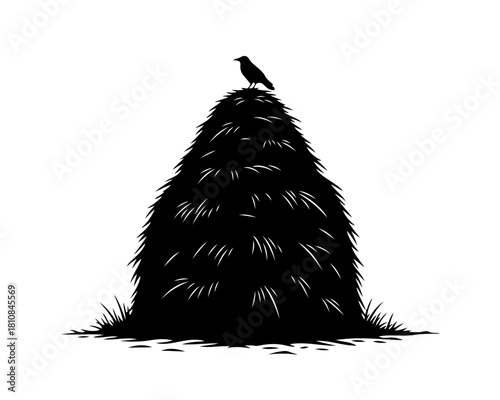 Stark black silhouette of a crow on a hay bale, a minimalist vector illustration capturing rural tranquility and nature's quiet presence with graphic elegance