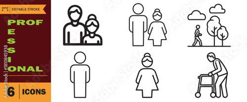 Set of six professional line icons representing different people, family, elderly, and outdoor activity for user interface design