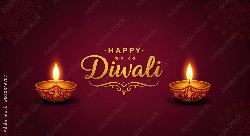 Fototapeta premium Happy Diwali Celebration: Warm golden lamps illuminate the joyous atmosphere of Diwali, the festival of lights, on a deep maroon backdrop adorned with intricate patterns.