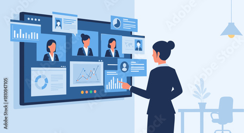 Businesswoman interacting with a comprehensive large digital dashboard, analyzing data analytics and reviewing team profiles in a modern office.