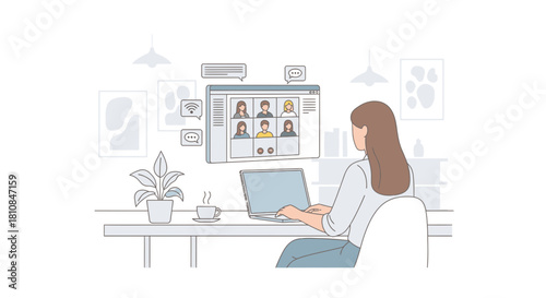 Illustration of a woman working remotely, attending a virtual video conference call on her laptop from a comfortable home office setting.