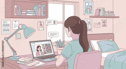 Woman on a Video Call at Home Desk in a Cozy Workspace