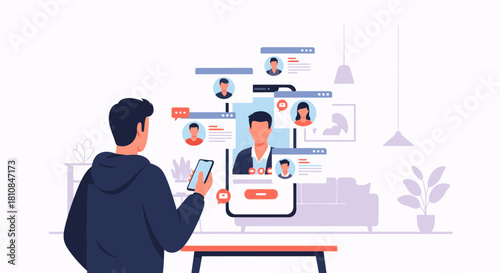 Man using a smartphone for a video conference, connecting with multiple participants in a virtual meeting, surrounded by digital chat elements.