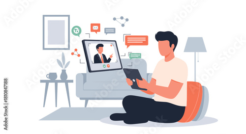 Man working from home, using a tablet for a video conference call in a cozy and modern living room setting.