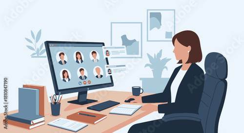 Professional woman participating in a video conference call from her tidy home office desk, connecting with colleagues remotely.