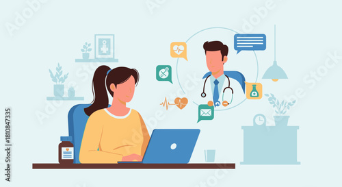 Woman engaged in a telemedicine consultation with a doctor on her laptop, receiving virtual medical advice and care.