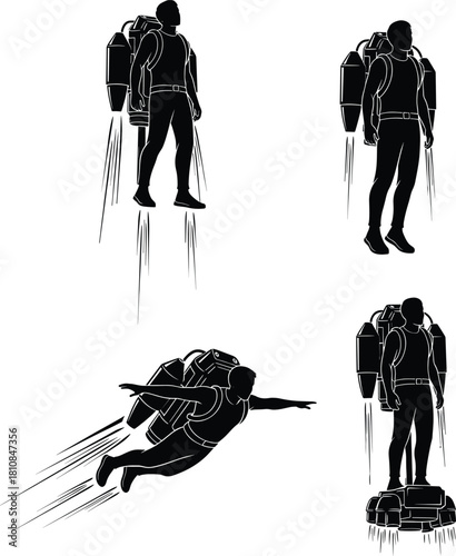 Jetpack Pilot Silhouette Vector Set in Futuristic Flight Poses