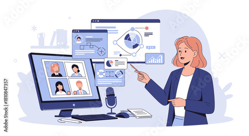 Woman presenting an online meeting, displaying data charts and interacting with virtual attendees in a professional setting.