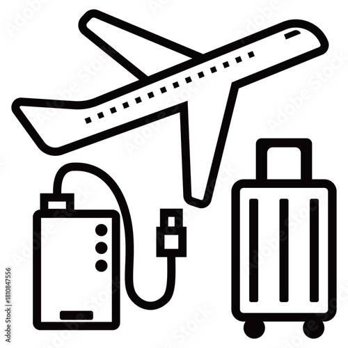 飛行機とモバイルバッテリーとキャリーケースのアイコン素材セット
