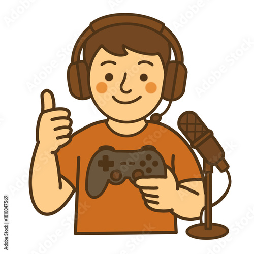 Hand draw cute gamer with controller headset and microphone illustration