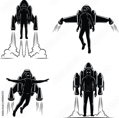 Jetpack Pilot Silhouette Vector Set with Futuristic Flight Poses