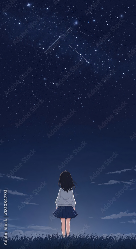 Obraz premium Girl Gazing at Stars: A girl gazes at a stunning starry sky, her silhouette framed against the vast, dark canvas, evoking a sense of wonder and connection to the cosmos.