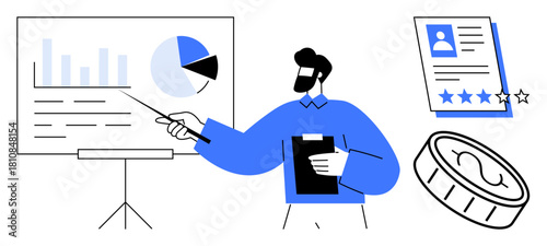 Professional explaining charts on screen, holding clipboard, with report and coin icons. Ideal for data analysis, business strategy, teamwork, performance review, human resources, financial
