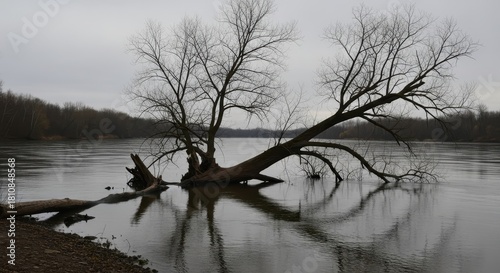 Solitary fallen tree reflected in the serene waters of a somber, overcast river landscape