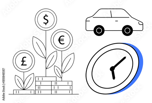 Stacks of coins with plants showing growth and currency symbols, car symbolizing transportation, and clock representing time value. Ideal for finance, investment, savings, banking, time, growth