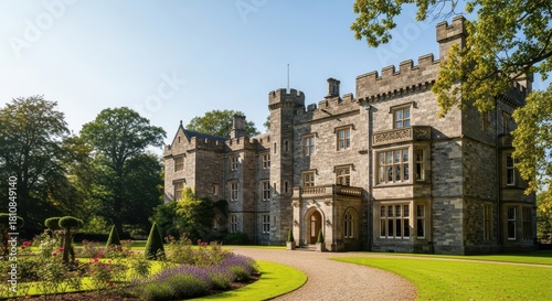 Stately castle estate with landscaped gardens and impressive stone architecture on a sunny day