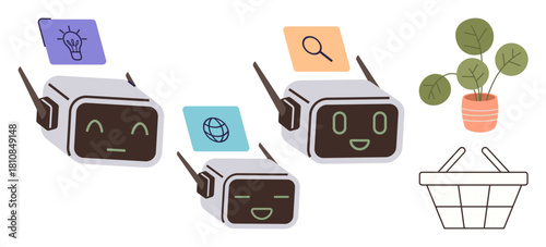 Three cheerful robots display ideas, search, and global knowledge icons alongside a green potted plant and a shopping basket. Ideal for technology, environment, shopping, teamwork, education