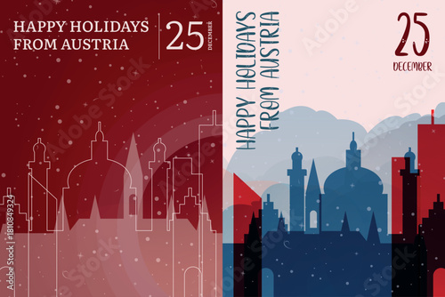 Vector posters and cards set for winter holiday greetings from Austria – Christmas, New Year. Designs with Vienna landmarks, festive elements. Printable, editable