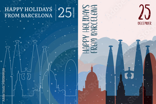 Vector posters and cards set for winter holiday greetings from Barcelona, Spain – Christmas, New Year. Designs with national landmarks, festive elements. Printable, editable