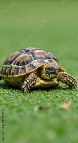 Tranquil turtle basking on verdant lawn contemplating existence beneath the open sky