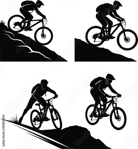 Mountain Biker Silhouette Vector Set on Downhill Trails