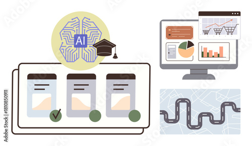 AI brain with graduation cap, task selection cards, data charts on a monitor, and a roadmap. Ideal for AI development, education, training, analytics decision-making innovation technology. Simple