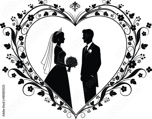 Bride and groom silhouette in floral heart frame, wedding romance vector, cad drawing flat vector illustration for love and marriage