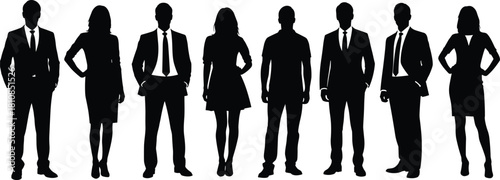 Business people silhouette group standing in a row, corporate team men and women, cad drawing flat vector illustration