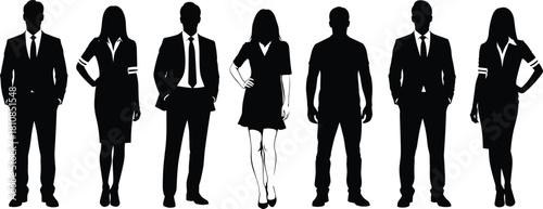 Business people silhouette group standing together, corporate team men and women in suits, cad drawing flat vector illustration