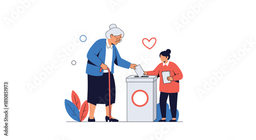 Elderly woman with a cane casts her vote assisted by a young woman at a polling station.