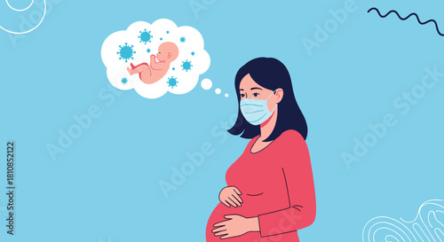 Pregnant woman wearing a mask contemplates her unborn baby surrounded by viruses.