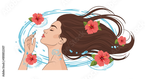 Beautiful woman with long flowing brown hair and red hibiscus flowers in water.