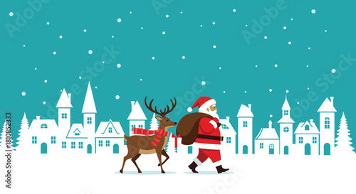 Santa Claus and a reindeer walk through a snowy village on Christmas Eve.