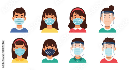 Diverse group of children wearing face masks and shields to protect against illness.